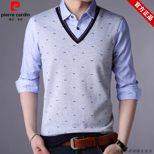 皮尔卡丹（pierre cardin）品牌假两件衬衫领长袖t恤男装春秋上衣套头带领假二件打底polo 男 3878蓝色【加绒加厚】 170/L 【120-140斤】