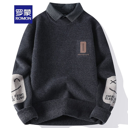 罗蒙（ROMON）潮流内搭衬衫领长袖针织衫上衣潮男秋冬款保暖加绒加厚假两件毛衣 卡其QDMYM9901 XL