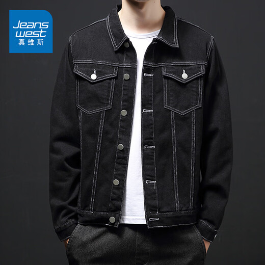 Jewish Black Denim Jacket Men's Autumn New American Versátil Jacket de trabajo Retro Street Casual Trend Top 9901J Black L [recomendado 110-125Jin [Jin equivale a 0.5 kg]]