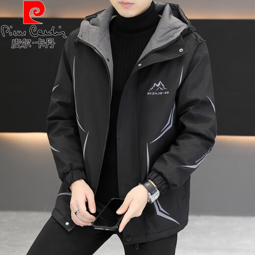 皮尔卡丹（pierre cardin）连帽工装外套男春秋季加绒加厚棉衣服夹克男士保暖防寒冬装派克服 719黑色【加厚】 加绒 2XL 140-155斤