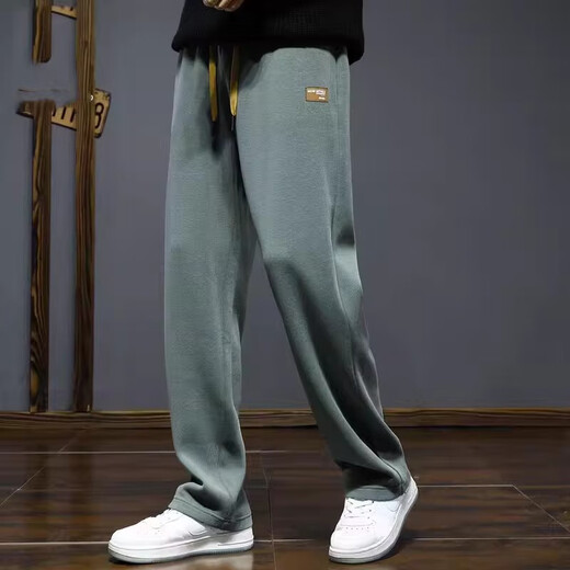Kuraishi Kazuki trendy brand casual vertical straight sweatpants men's autumn and winter sports 2025 new loose plus velvet wide-leg floor-length trousers green XL