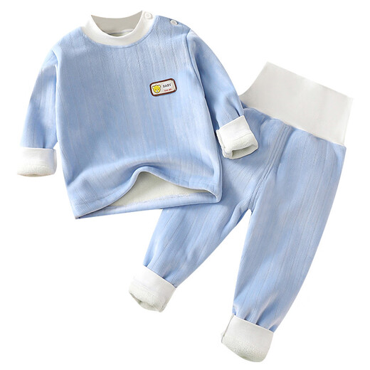 Xinnan Baby Plush Velvet Thermal Underwear Set Autumn and Winter Infants and Toddlers Thickened Velvet Pajamas for Children and Middle-aged Children High Waist Home Clothes Light Cyan Suit 90 cm