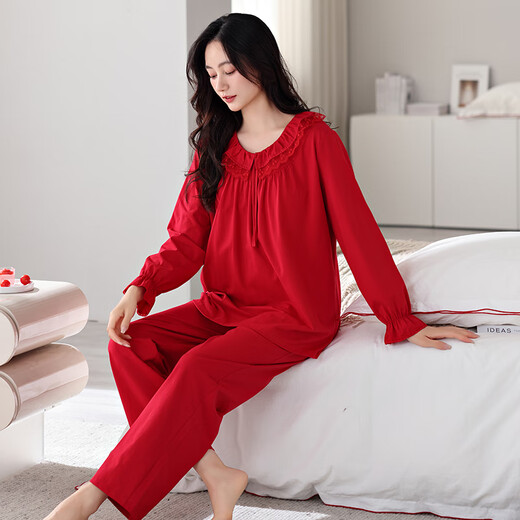 
Pony-female pajamas with chest pads for women in spring and autumn pure cotton long-sleeved lapels for women, mothers can wear lycra cotton home clothes set 687 crimson (with chest pads) M [150-160CM/90-110Jin[Jin equals 0.5 kg]]