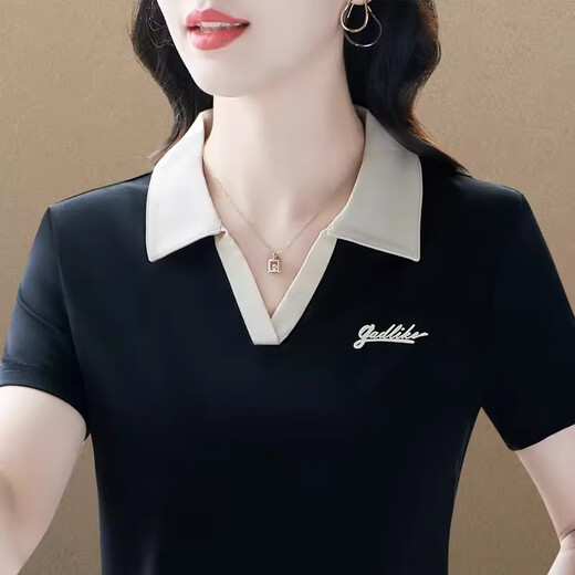 洛比狮Polo衫短袖t恤女中年妈夏季新款高端带领套头衫半袖T恤宽松上衣女 880粉色 3XL (建议130-139斤)