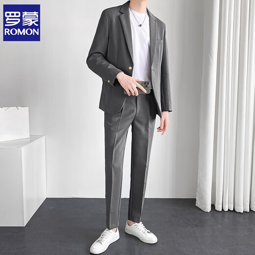 ROMON (ROMON) suit men's suit casual loose professional suit solid color jacket spring and summer groom wedding dress light mature style small suit [two pieces] apricot suit + trousers XL size