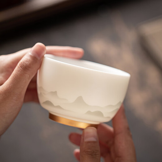 Gold inlaid jade mutton fat jade porcelain household ceramic tea cup master cup tea bowl kung fu tea set gift box Yunshan master cup