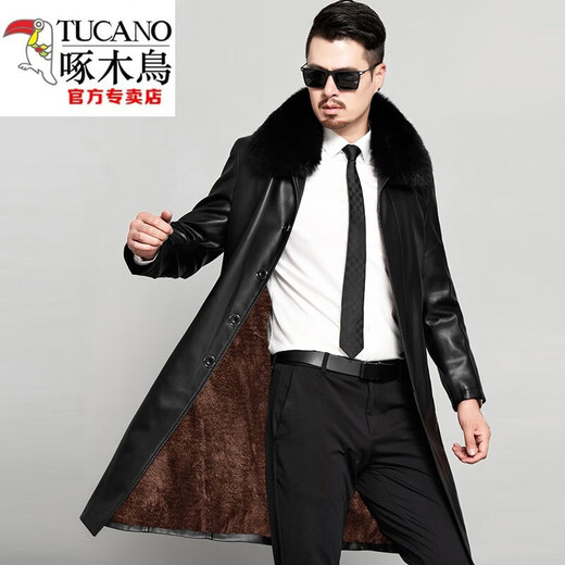 Woodpecker winter leather windbreaker men's mid-length extra-long knee-length leather coat men's long thickened leather coat for middle-aged and elderly people fully wrapped plus velvet long black. Thickened 3XL 190 Weight 165-185Jin Jin is equal to 0.5 kg