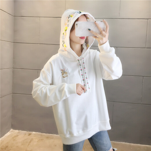 Langyue Women's Autumn T-shirt College Style Hooded Sweatshirt Women Korean Style Loose Student Solid Color Long Sleeve Top Jacket LWWY201179 White L