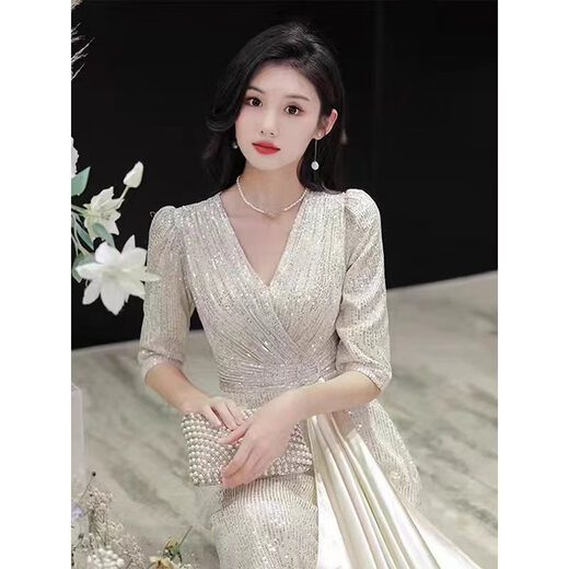 Nuoliti (NUOLITI) high-end small evening dress for women, banquet style, light luxury, high-end sense, noble lady annual meeting host atmosphere, champagne color long style L