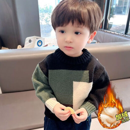 允橘男童毛衣套头加绒加厚季新款0-3岁宝宝百搭针织衫洋气拼色毛线衣 黑色双拼 90