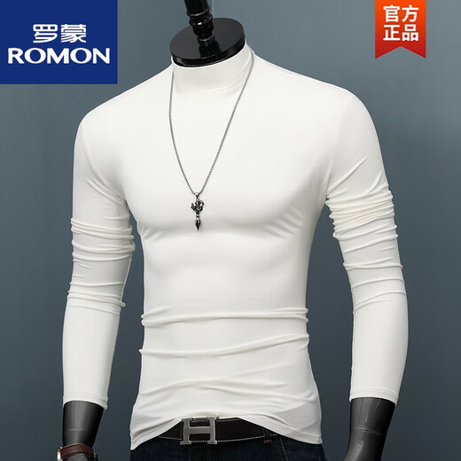 ROMON Modal long-sleeved T-shirt men's autumn and winter thin bottoming shirt with solid color slim fit youth stretch top white XL 140Jin Jin equals 0.5kg, left or right wear