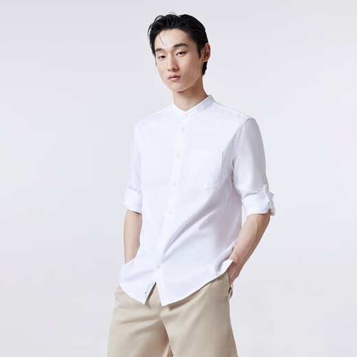 杰克·琼斯（JACK&JONES）夏新款直筒版型立领七分袖简约潮舒适男士休闲衬衫男装224231001 A06 雪白色 常规 M 175