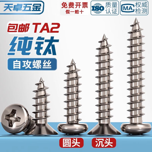 Tianzhuo Hardware National Standard TA2 pure titanium pan head umbrella head countersunk head large flat head flat head round head cross self-tapping screw M3M4M5mm countersunk head M5.5*25 2 pieces