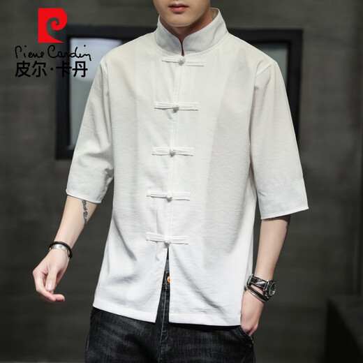 
Pier Cardin summer clothing Chinese style button short-sleeved shirt men's Chinese style retro middle sleeve Tang suit Hanfu ice silk 5-point sleeve Zhongshan suit 8001 style white M 170