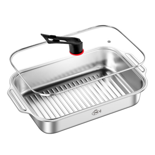 Shengnian 316 stainless steel grilled fish plate stove lobster plate rectangular household deep tray commercial special induction cooker open flame deep plate 42x26x8.5 holds about 3.5Jin Jin equals 0.5kg + glass cover