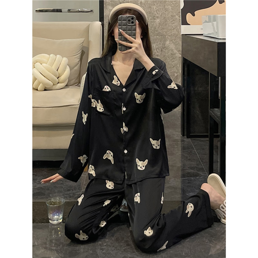 费迈博睡衣女春秋季冰丝可爱小奶狗学生长袖薄款开衫女士家居服两件套装 b693#小狗(双长丝) M