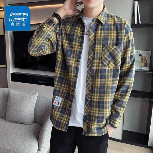 真维斯（Jeanswest）格子衬衫男款春秋季2025新款潮牌美式长袖衬衣男士上衣加绒外套男 米蓝格 2XL