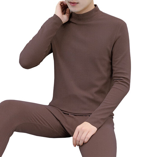 Autumn and winter high collar long-sleeved T-shirt men's double-sided German velvet autumn coat base layer slim fit inner warm t-shirt underwear top coffee top + dark gray top two-piece set 4XL recommended 160-175Jin Jin equals 0.5 kg