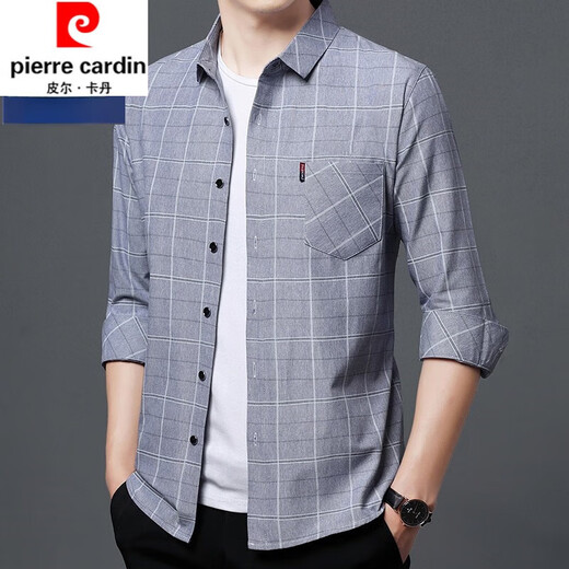 Pier Cardin Pure Cotton Komfortable langärmeliges Hemd Herren Frühling und Herbst mittleren Alters und ältere Männerplaid losen losen, großgrößter Baumwoll-Hemd-Hemdjacke 6626 Gray Thin Style 170/l Empfohlen 115-135jin [Jin gleich 0,5 kg]