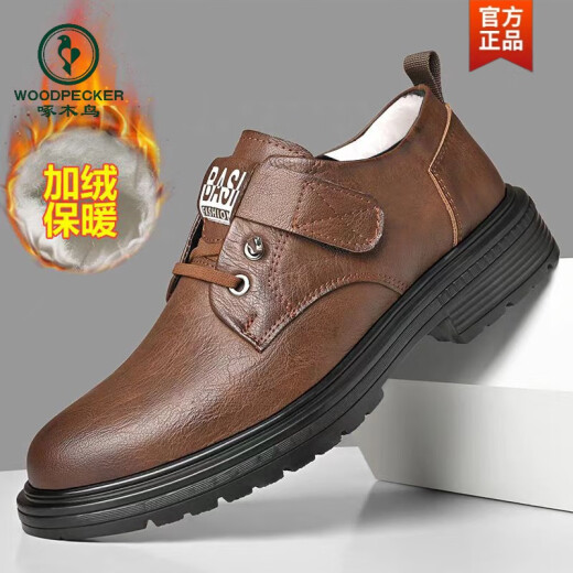 Zapatos para hombres de Woodpecker 2024 Outumn and Winter New Men's Genuine Cuero Casual Business Sobre Soft Sole Plus Shoes de cuero de algodón Top Top Works 9909 Black Plus Fleece Style 38