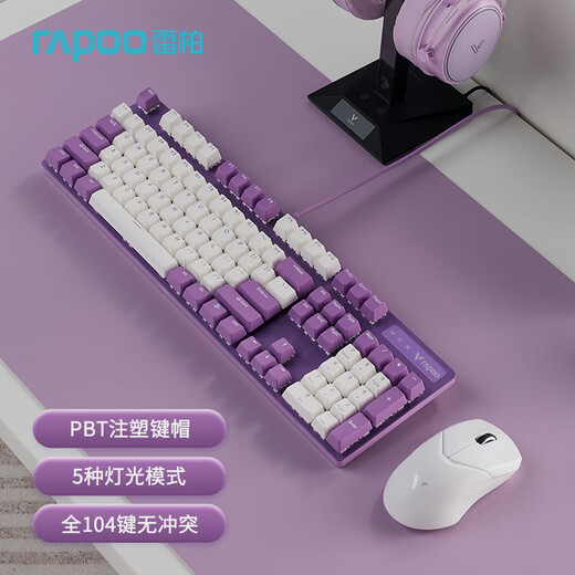 雷柏（Rapoo） V500PRO白紫版 机械键盘 有线背光游戏键盘 104键无冲突 V500PRO【葡萄冰暴.茶轴】