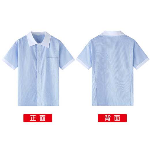 Xin Yueqing children's summer short-sleeved shirt for boys and girls, primary and secondary school uniform shirt, white collar, blue pinstripe half-sleeved top, thin striped boys' short-sleeved shirt 160 cm
