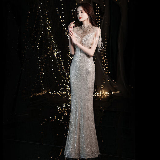 Cooles Huke Abendkleid für Frauen 2022 Neues High-End-Temperament Slim Aura Queen Fishtail Abendkleid für Frauen 2022 Nischenchampagner Langstil L.