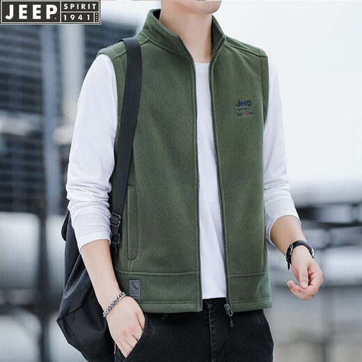 Jeep (JEEP) Vest Men's 2025 Autumn and Winter New Casual Solid Color Hoodless Stand Collar Warm Men's Polar Fleece Thickened Vest Trendy Gray XL