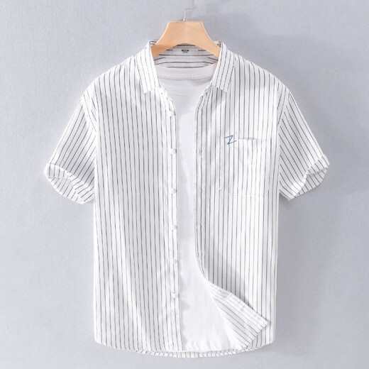 
GLOY/ZENITH summer cotton shirt men short-sleeved striped youth casual fashion versatile shirt men fresh literary men's top 9740 black L (110-125 Jin [Jin equals 0.5 kg])
