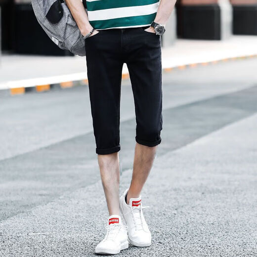 Shuosui men's jeans men's cropped pants summer thin slim youth mid-trousers 7-point pants summer slim shorts 749 blue 34 size waist 2 feet 7