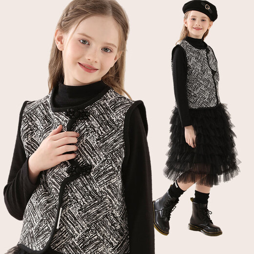 DOMIAO House Girls Vest Frühlings- und Herbst Kinder Neue chinesische Stil Vest Girls Mode Cardigan Vest Big Children 11991 Black 150
