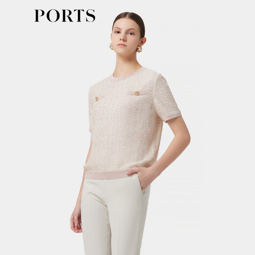PORTS宝姿春季新品女装胸前饰品点缀针织短袖上衣ALP8K701RXX008 淡香草黄 M