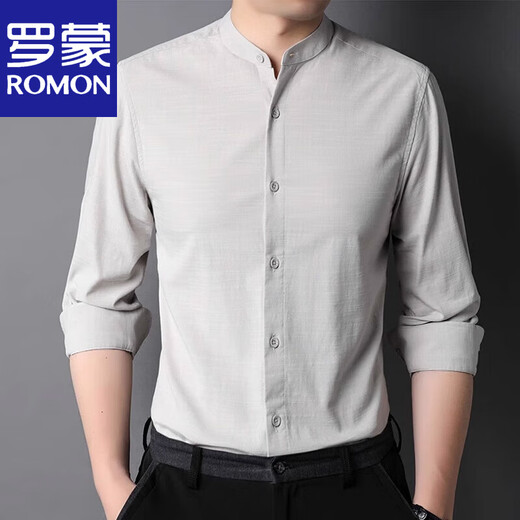 罗蒙（ROMON）小立领棉衬衫男2025年春秋长袖衬衣休闲内搭中华领薄款 9930款白色 180/XL