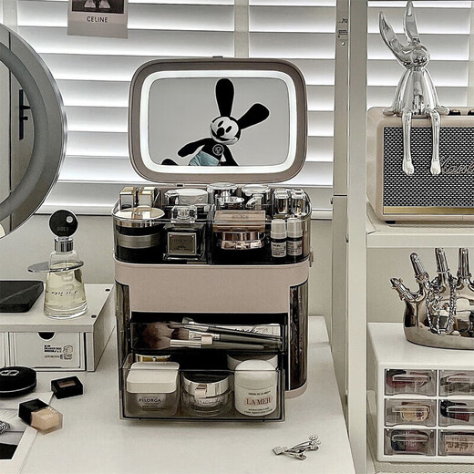 Yunya cosmetics storage box desktop LED light with mirror multi-functional all-in-one dressing table storage rack lipstick storage cabinet makeup storage box LED mirror fan fixed makeup style