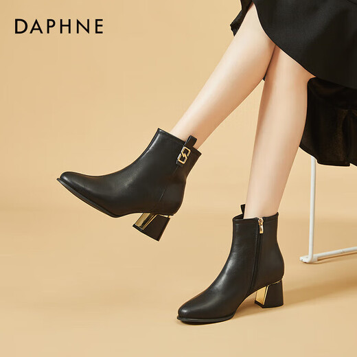 Daphne high heels women's French thick heel short boots heightening slimming leather boots for women 4622607023 black (plus velvet) 36