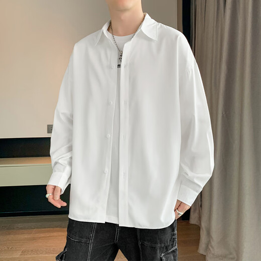 Foss Phil长袖衬衫男士秋冬季港风休闲衬衣百搭简约打底衫外套7304白色L