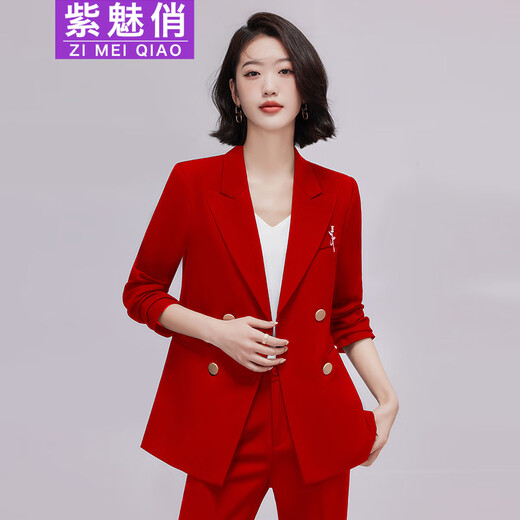 Purple Charming Little Suit Women's Suit Spring Autumn Winter Long Sleeve Double Breasted Business Suit Casual British Style Young Suit Pants Red (Single Suit) XL (Recommended 110-120 Jin Jin equals 0.5 kg)