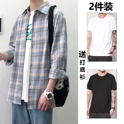 (Buy one, get one free) shirt for men spring and summer new plaid long-sleeved shirt loose jacket for men Korean style student casual men's shirt blue XL (free base T-shirt)