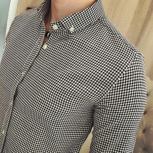 
MGJO flannel shirt men's plaid shirt men's long sleeves 12 spring and autumn high-end inner wear Korean style trendy slim fit and handsome no-iron casual business shirt 9923 small plaid black L 115Jin [Jin equals 0.5 kg] wear below