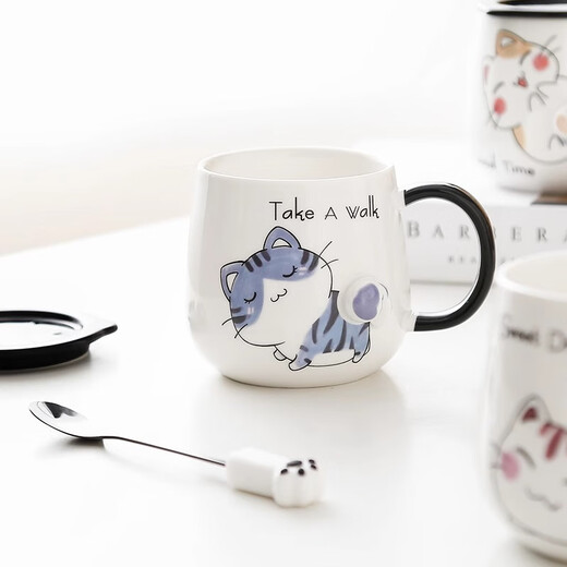 PINYU cup, mug, coffee cup, ceramic cup, high-looking water cup, household large-capacity brewing cup with covered spoon, little blue cat