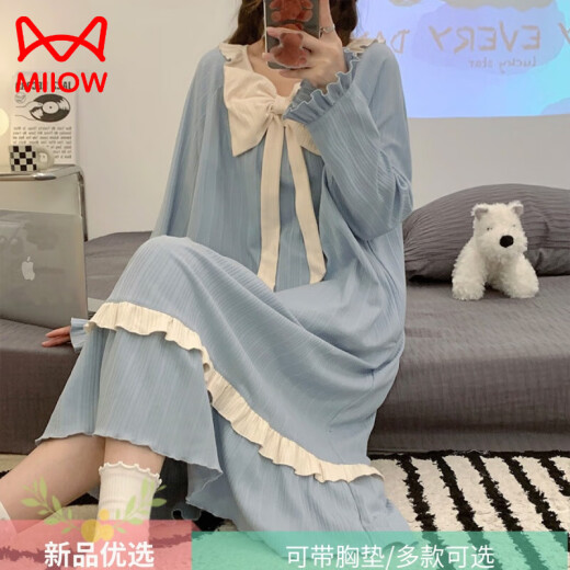 猫人（MiiOW）带胸垫睡裙女纯棉长袖可爱公主风网红大码睡衣宽松2025新款春秋季 CK-16857 M 【无胸垫】