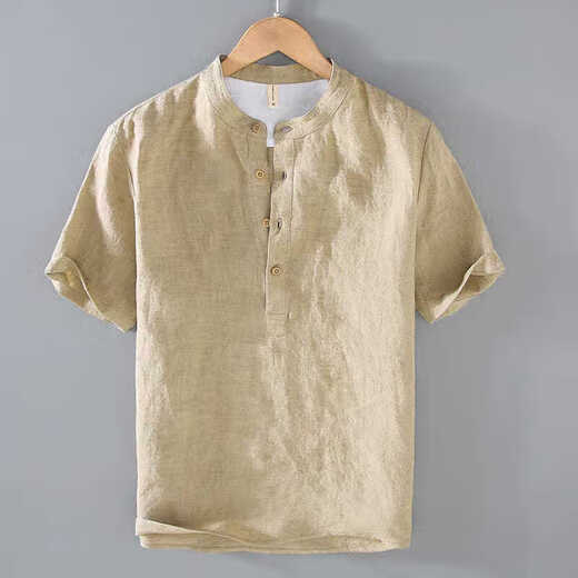 Jingkongtan retro cotton and linen short-sleeved T-shirt men's thin loose summer new men's cotton and linen stand collar half-sleeved top casual trend gray black 2XL