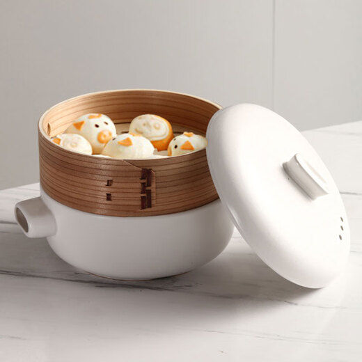 Fengshang Steamer Pot Ceramic Pot Steamer Integrated Multifunctional Pot Steamer Home Breakfast Steamed Egg Soup Double Layer 2L White + Steamer 2 Layers 20.5cm