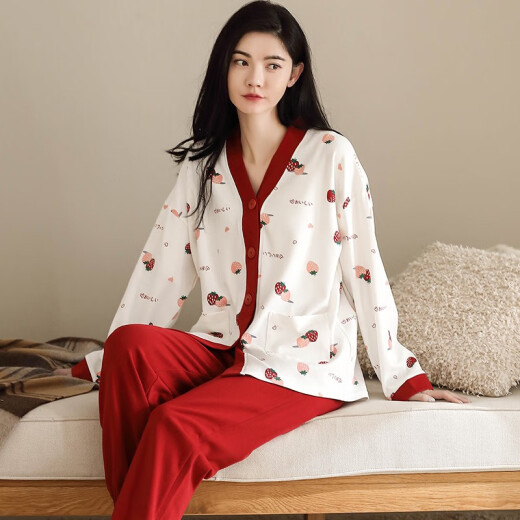 Lazy Rhyme Pajamas Women's Spring and Autumn Long-sleeved Cotton Suit Cardigan Kimono Two-piece Home Clothes Can Be Weared Outside New Style 1209 (165-L) 100 Jin [Jin equals 0.5 kg]-120 Jin [Jin equals 0.5 kg]