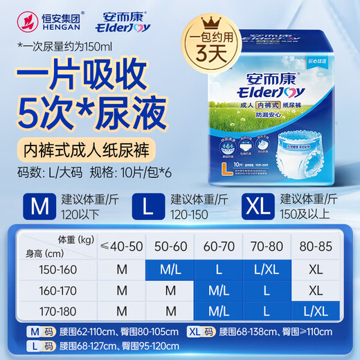 Elderjoy leak-proof and safe adult pull-up pants L60 pieces with hip circumference 95-120cm, underwear-style adult diapers, easy to put on and take off