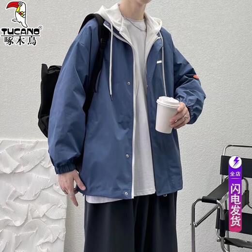 啄木鸟外套男春秋季潮流假两件连帽夹克男宽松休冲锋衣工装棉衣服保暖 黑色 XL (建议125-150斤)