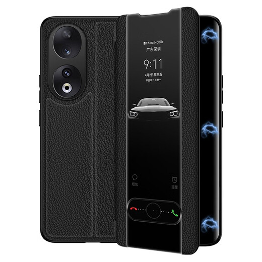 Demany Honor 90 Mobile Case Honor 90 Pro Leather Magnetic Flip Cover Protector Huawei Honor Series New Full-Inclusive Anti-fall Case High-end Curved Screen Cover Xuan Hei [Honor 90] Leather Magnetic - Flip Cover Receive - Feeding Film
