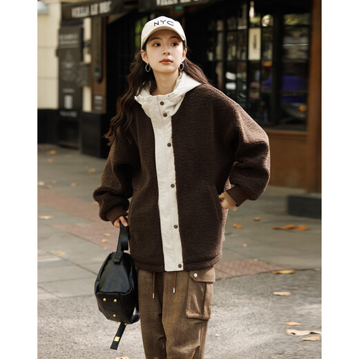 Demana Maillard Fleece Jacket Hooded Faux Shearling Warm Jacket for Women Brick Brown S