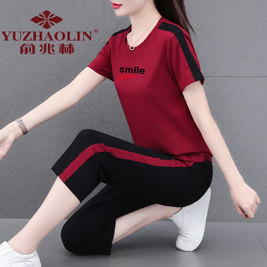 俞兆林妈妈装好棉运动服套装女夏季2024新款中年夏装休闲短袖七分裤两 皮红七分裤[687款] M (建议80-95斤)