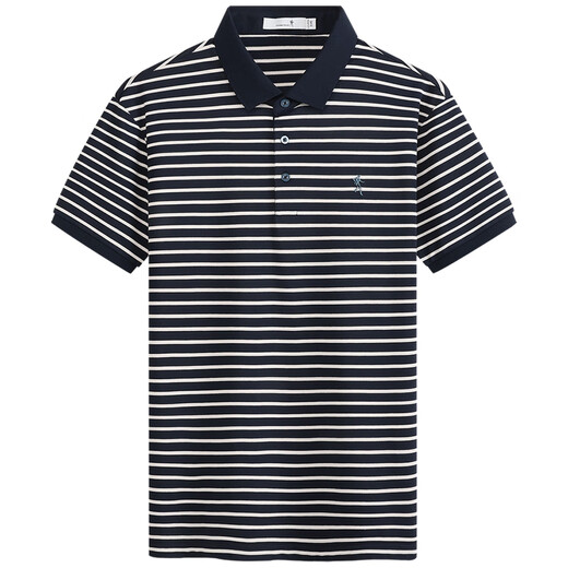 Dancing with Wolves [with mulberry silk] striped lapel short-sleeved T-shirt for men 2025 summer new casual breathable Polo shirt 6196 dark blue 102 2XL (185)